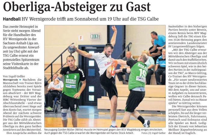 Vorbericht 1.Männer HVW-TSG Calbe aus der Volksstimme
